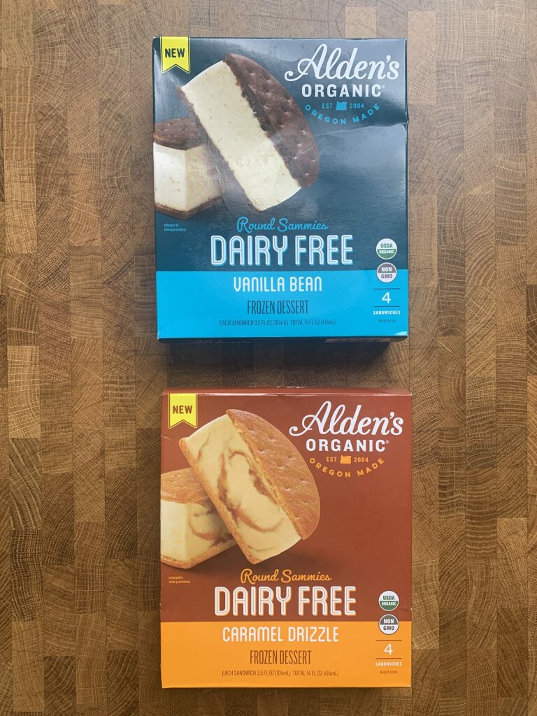 Alden\'s organic plant-based dairy free ice cream sandwiches packages.
