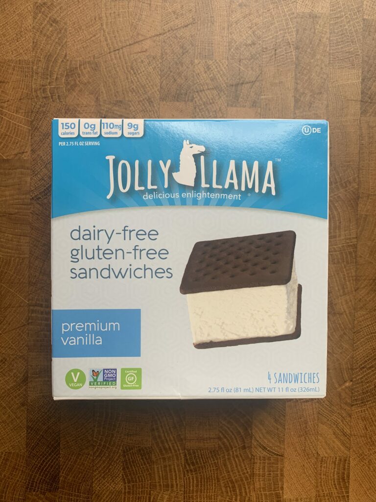 Jolly Llama dairy free ice cream sandwiches packages.