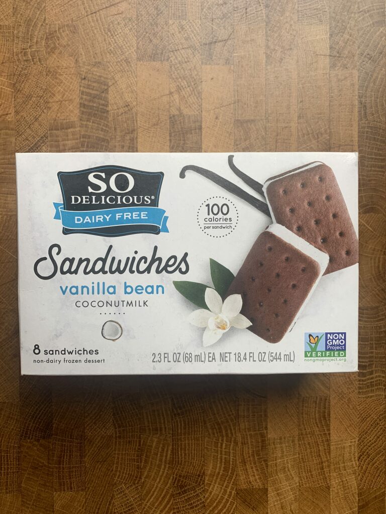 So Delicious dairy free vanilla ice cream sandwiches packages. 