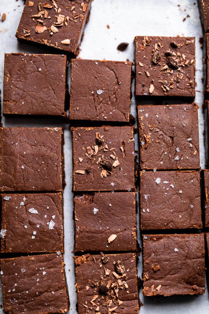 A batch of large No Bake Vegan Chocolate Fudge squares.