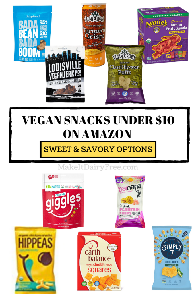 The words vegan snacks under ten dollars on amazon overlayed onto a collage of vegan snacks.