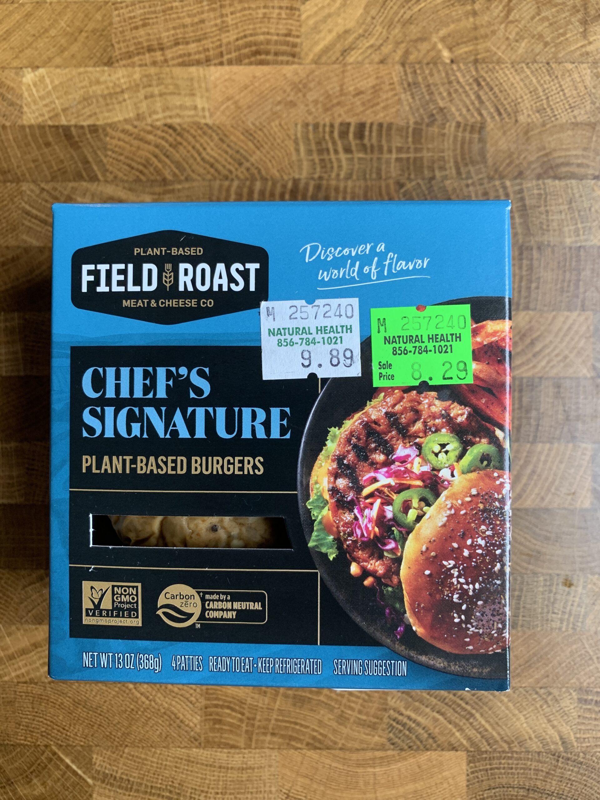Field Roast plant-based burgers in package.