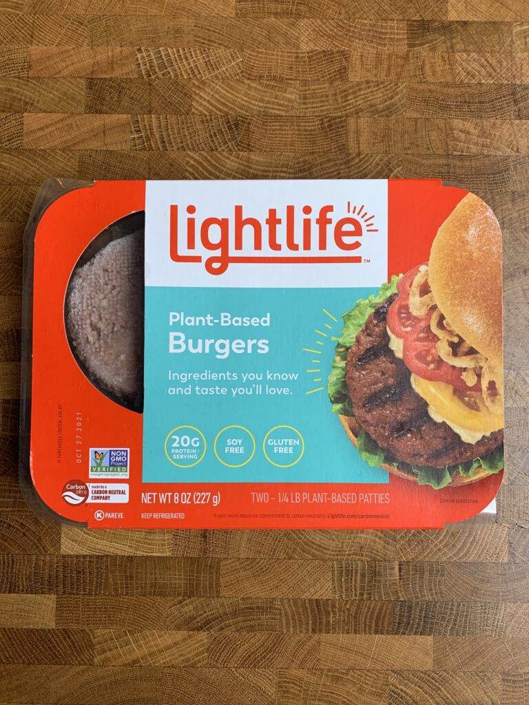 Lightlife plant-based burgers in package.