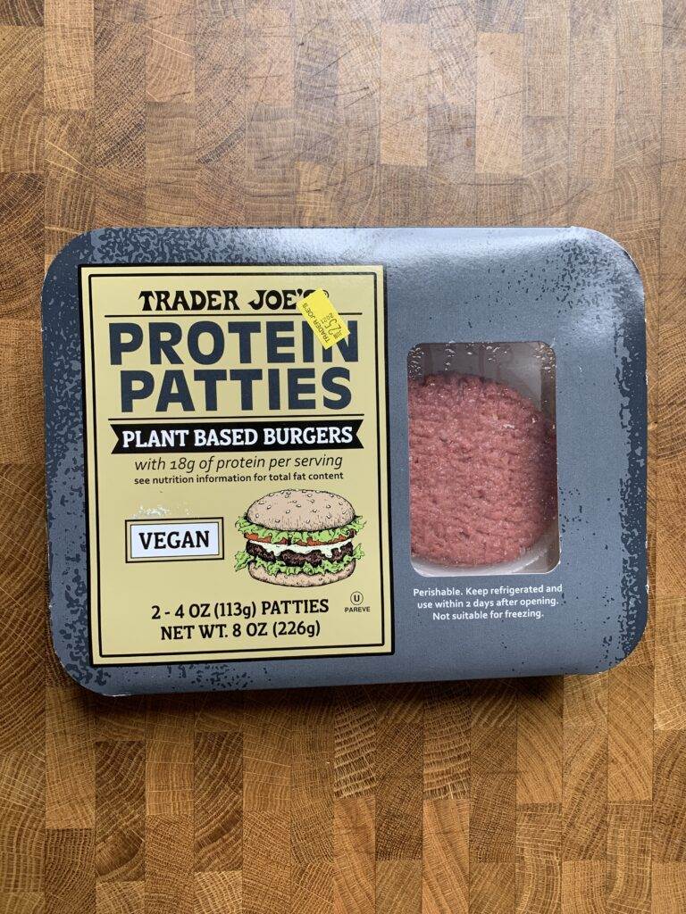 Trader Joe\'s Plant-Based burger protein patties package.