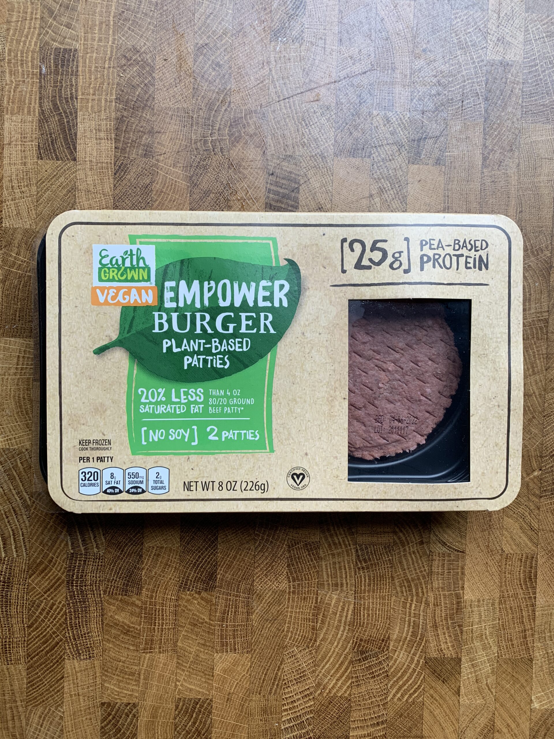 Earth Grown Vegan Empower burger patties package.