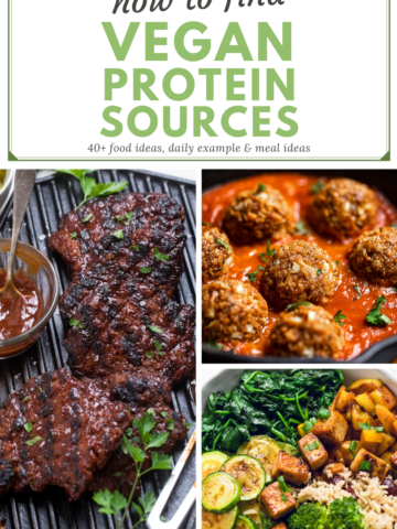The words How to find vegan protein sources atop a collage of protein vegan recipes.