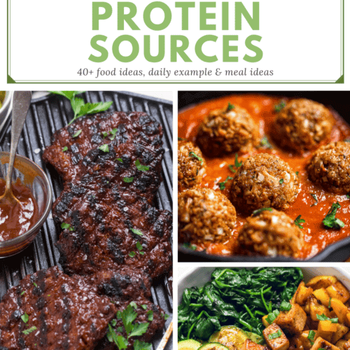 The words How to find vegan protein sources atop a collage of protein vegan recipes.