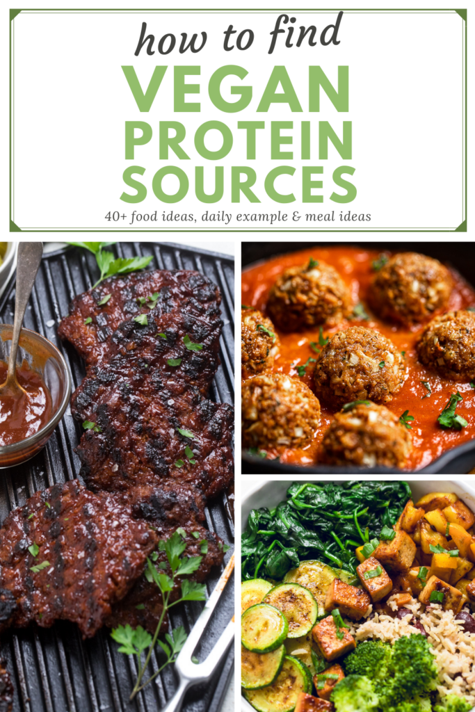 A collage of three vegan protein packed recipes with the words How to find vegan protein sources overlayed.