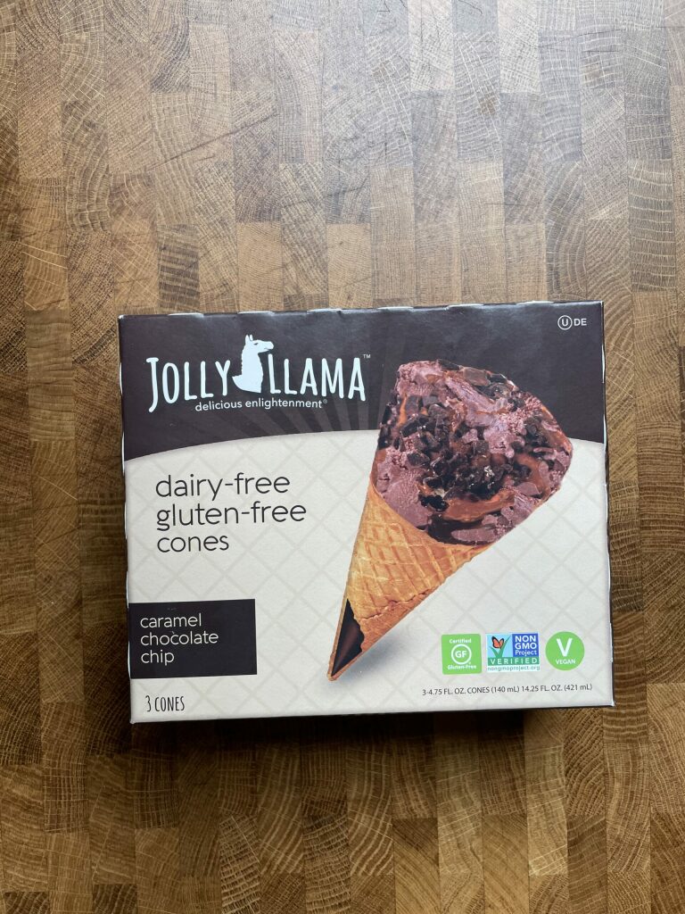 Jolly Llama caramel chocolate chip dairy free, gluten free cones package.