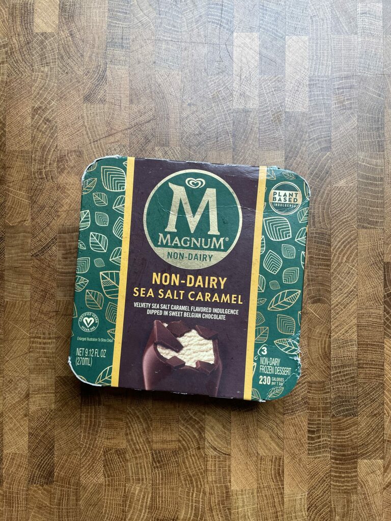 Magnum non-dairy sea salt caramel ice cream bar package.