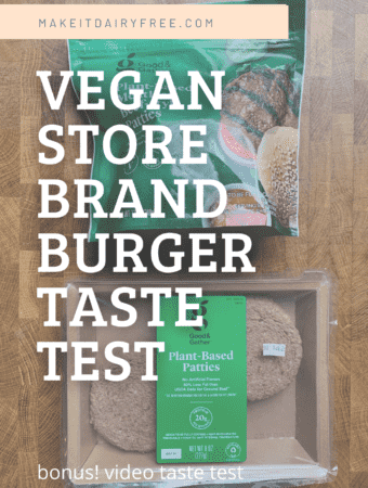 The words Vegan store brand burger taste test overlayed across vegan burger packages.