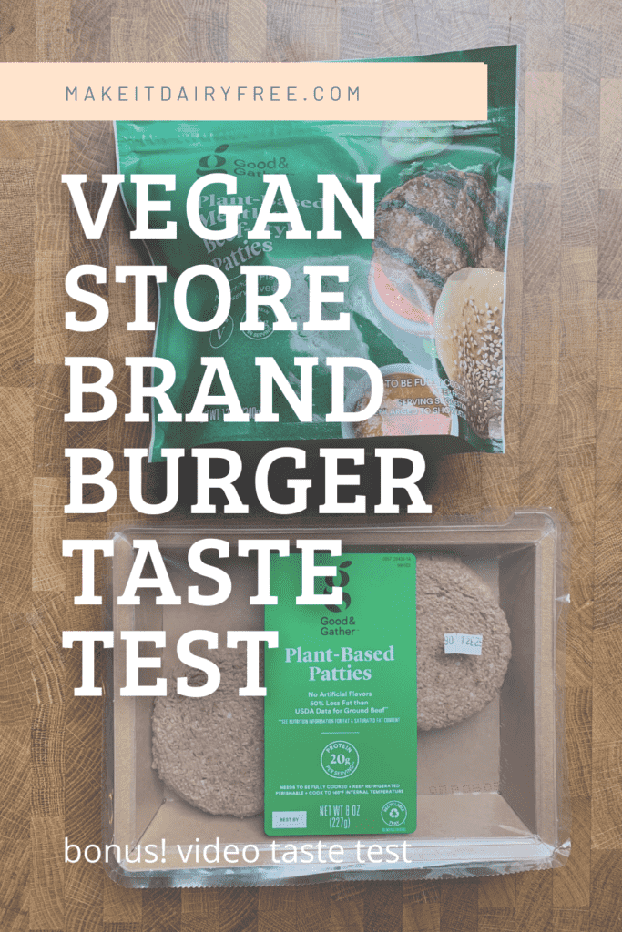 Vegan burger packages with the words Vegan store brand burger taste test overlayed.