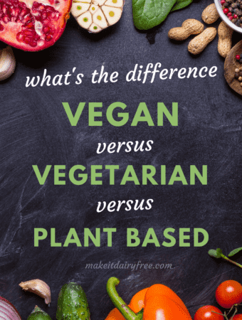 The words What's the difference vegan versus vegetarian verses plant based overlayed on a black table with vegetables.