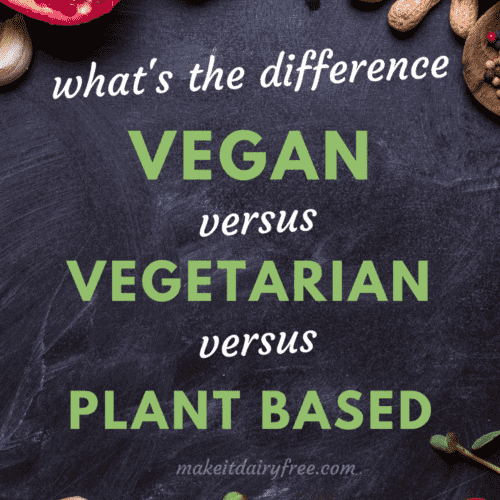 The words What's the difference vegan versus vegetarian verses plant based overlayed on a black table with vegetables.