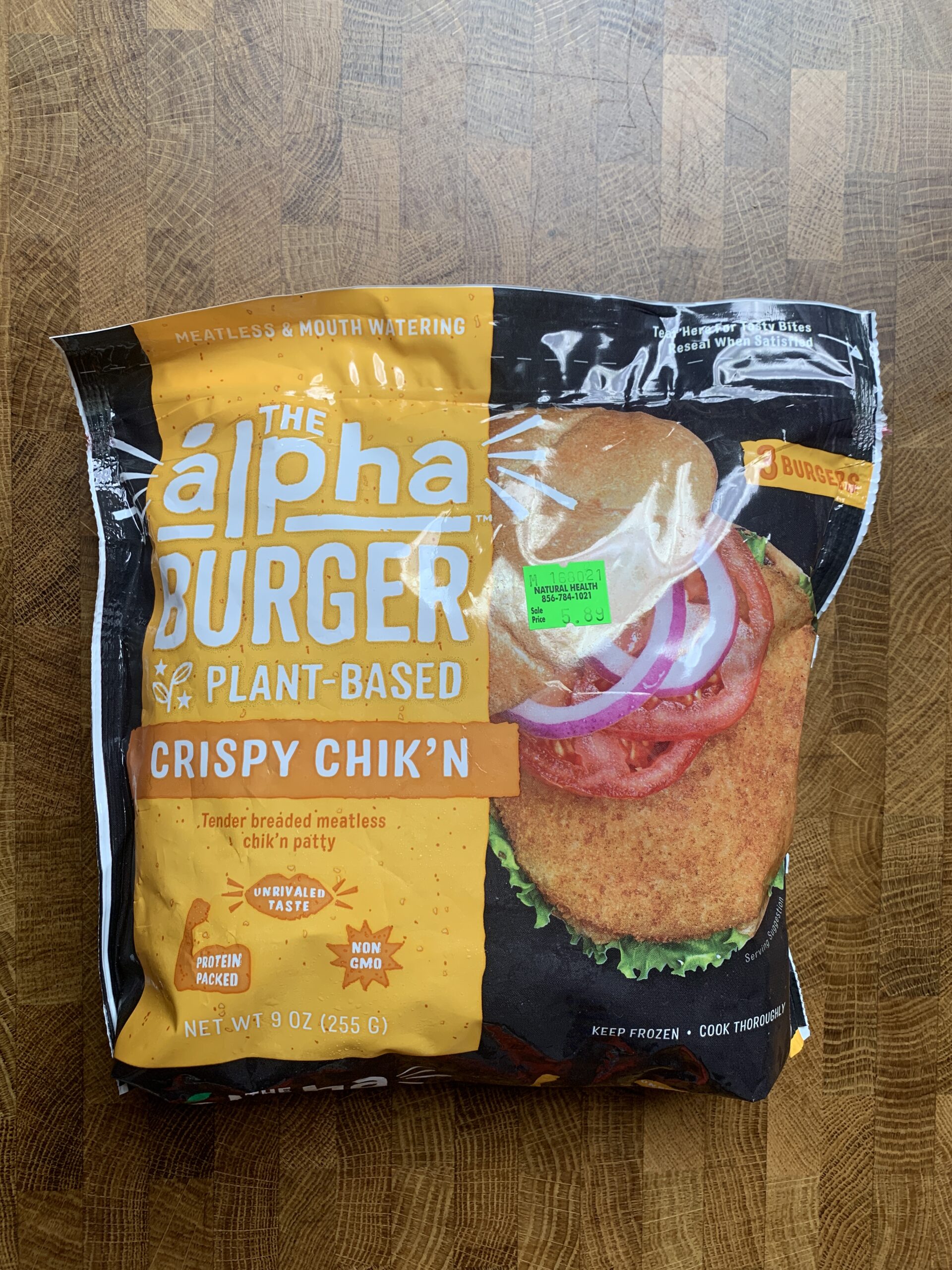 Alpha Burger Plant-Based Crispy Chik\'n patty package.