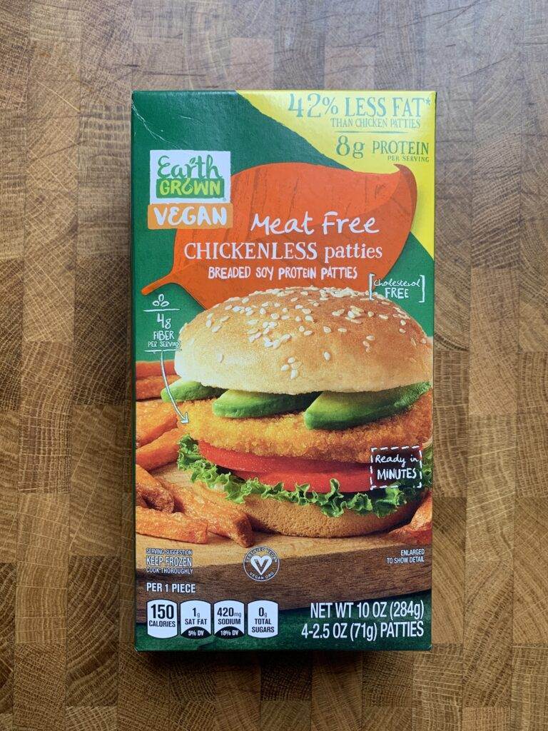 Earth grown vegan meat free chickenless patties package.