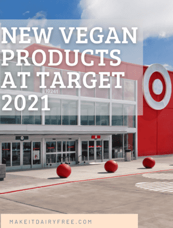 The words New vegan products at target 2021 overlayed across a Target store building.