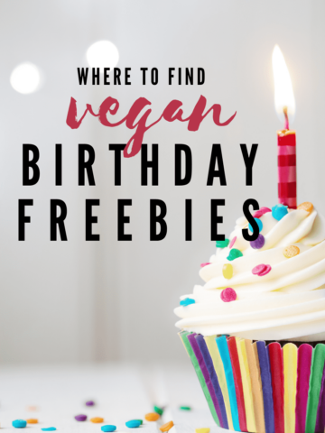 The words Where to find vegan birthday freebies  overlayed across a birthday cupcake.