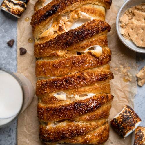 The top of a toasted vegan smores pastry with vegan marshmallows.