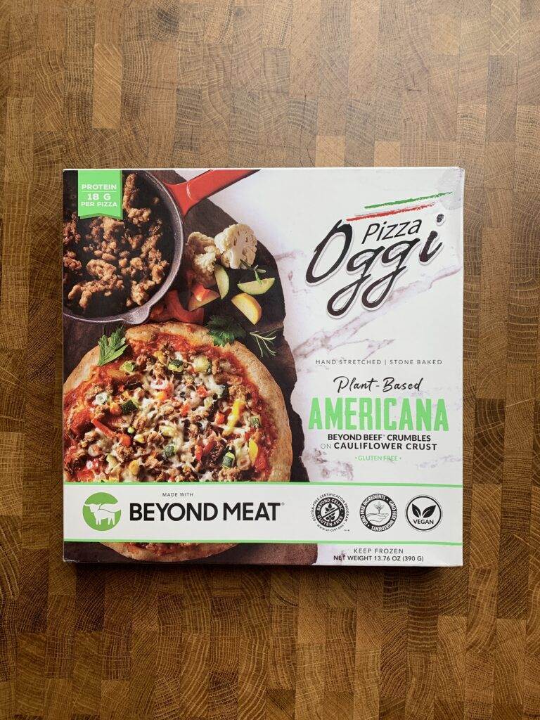 Pizza Oggi Beyond meat plant-based frozen pizza box.