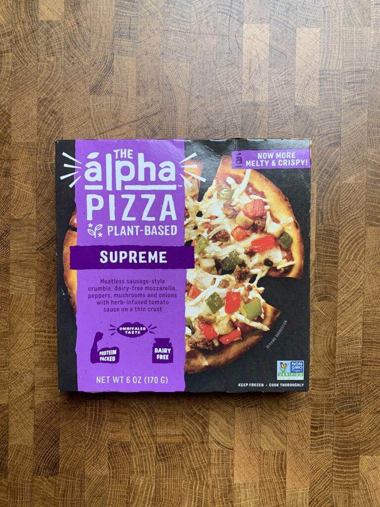 The Alpha frozen plant-based pizza box.