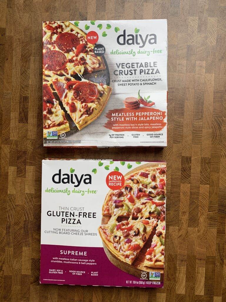 Daiya plant-based frozen pizza boxes.