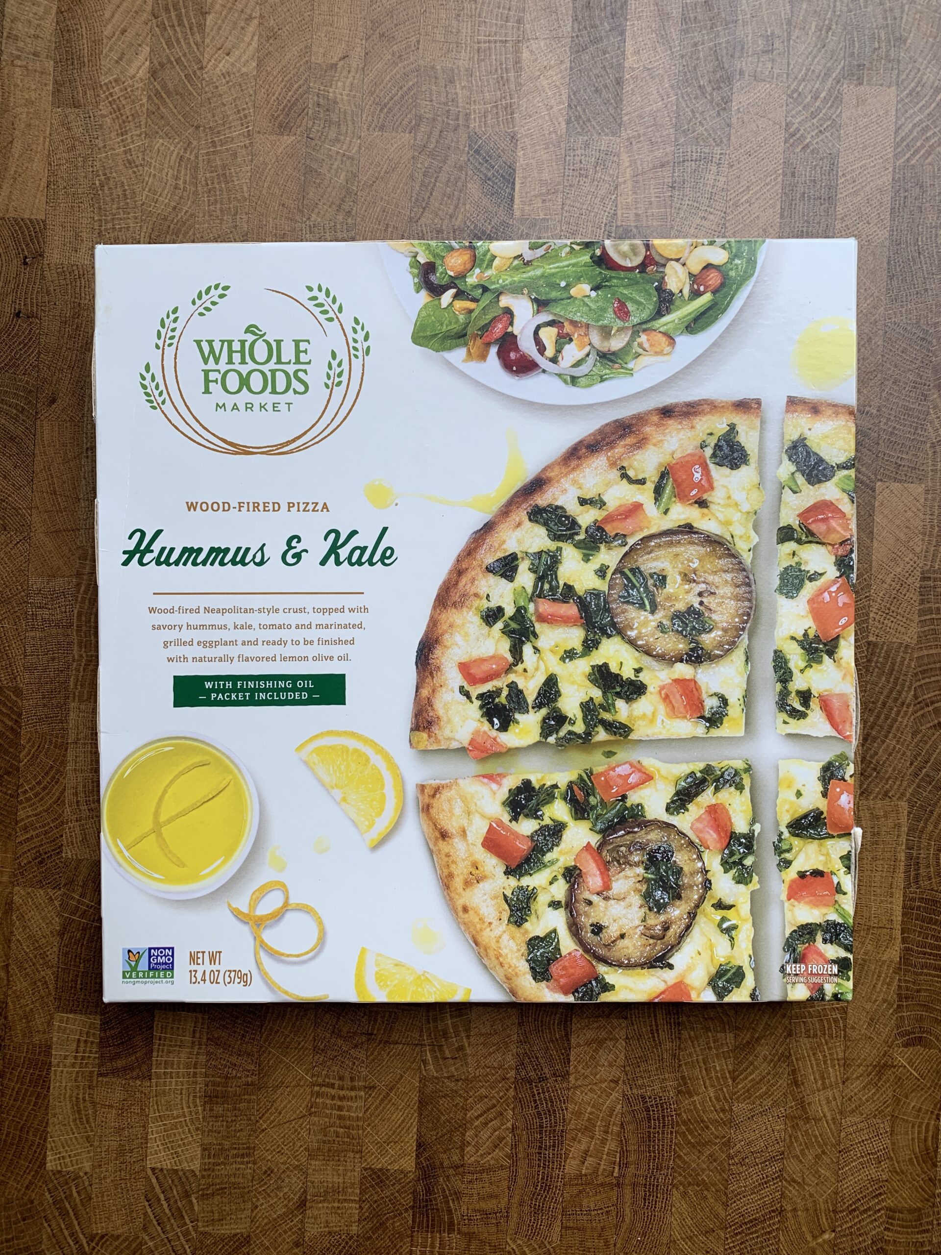Whole Foods humus & kale frozen pizza box.