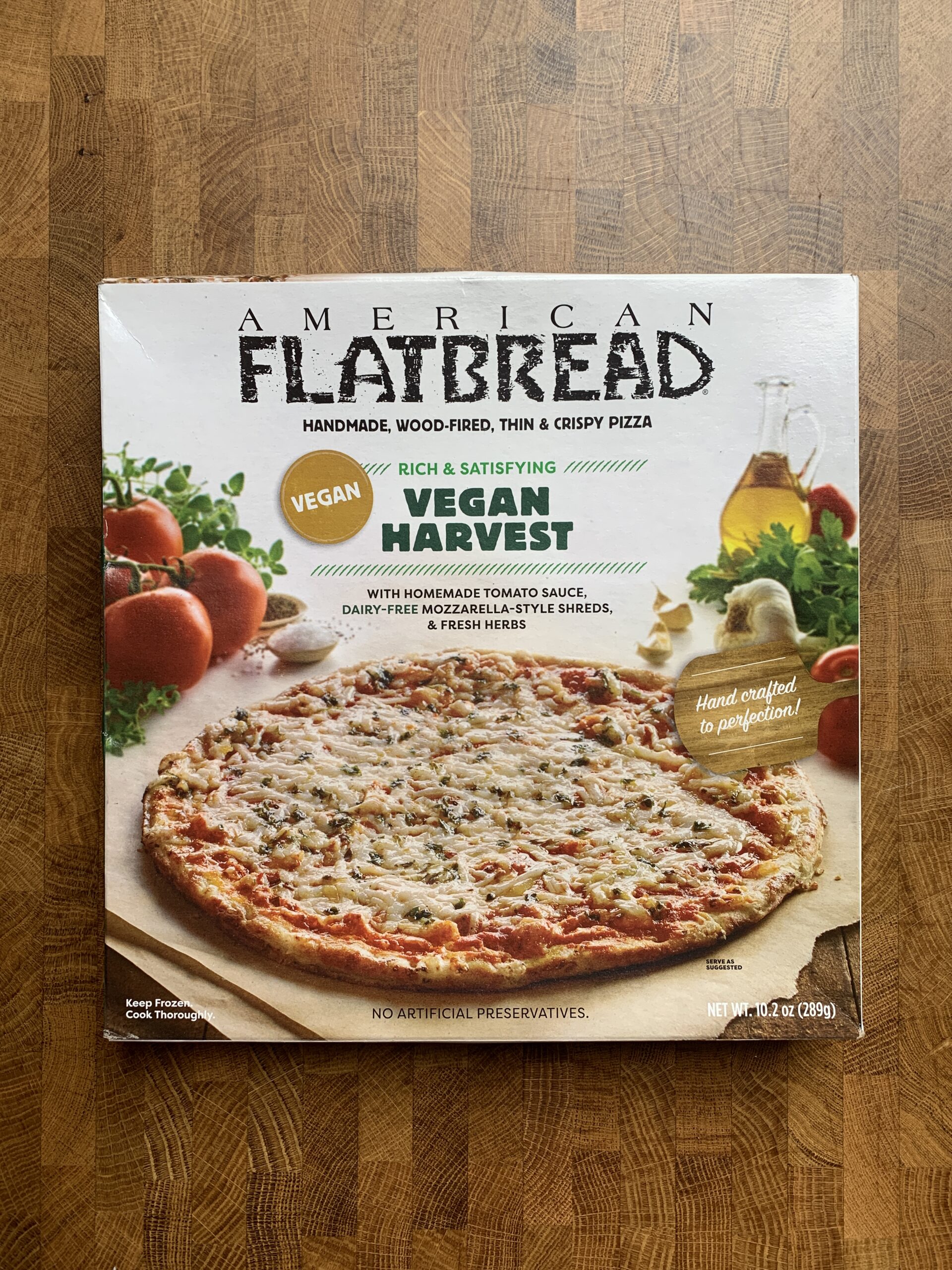 American flatbread vegan harvest frozen pizza box.