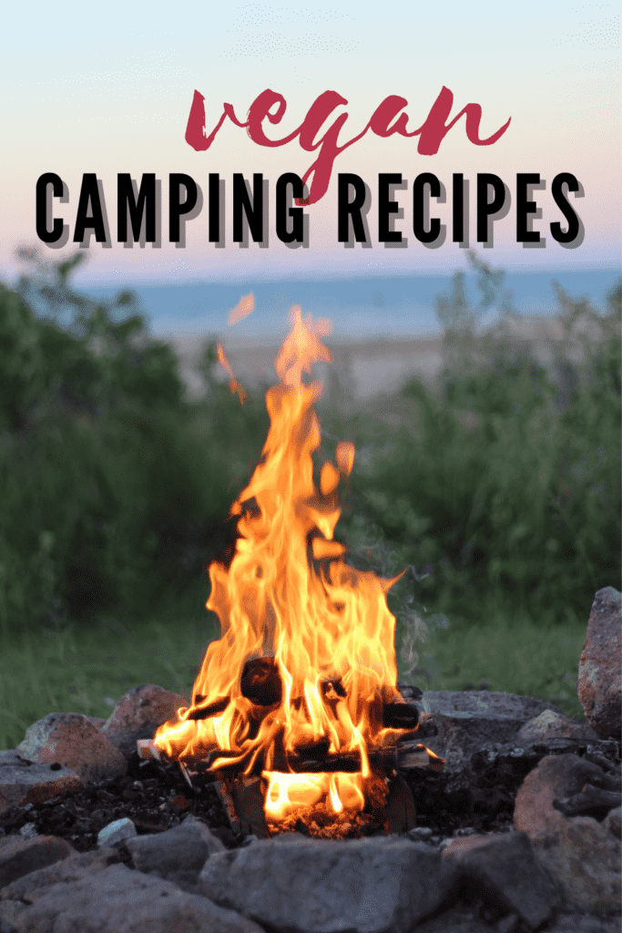 A fire with the words Vegan Camping Recipes overlayed.