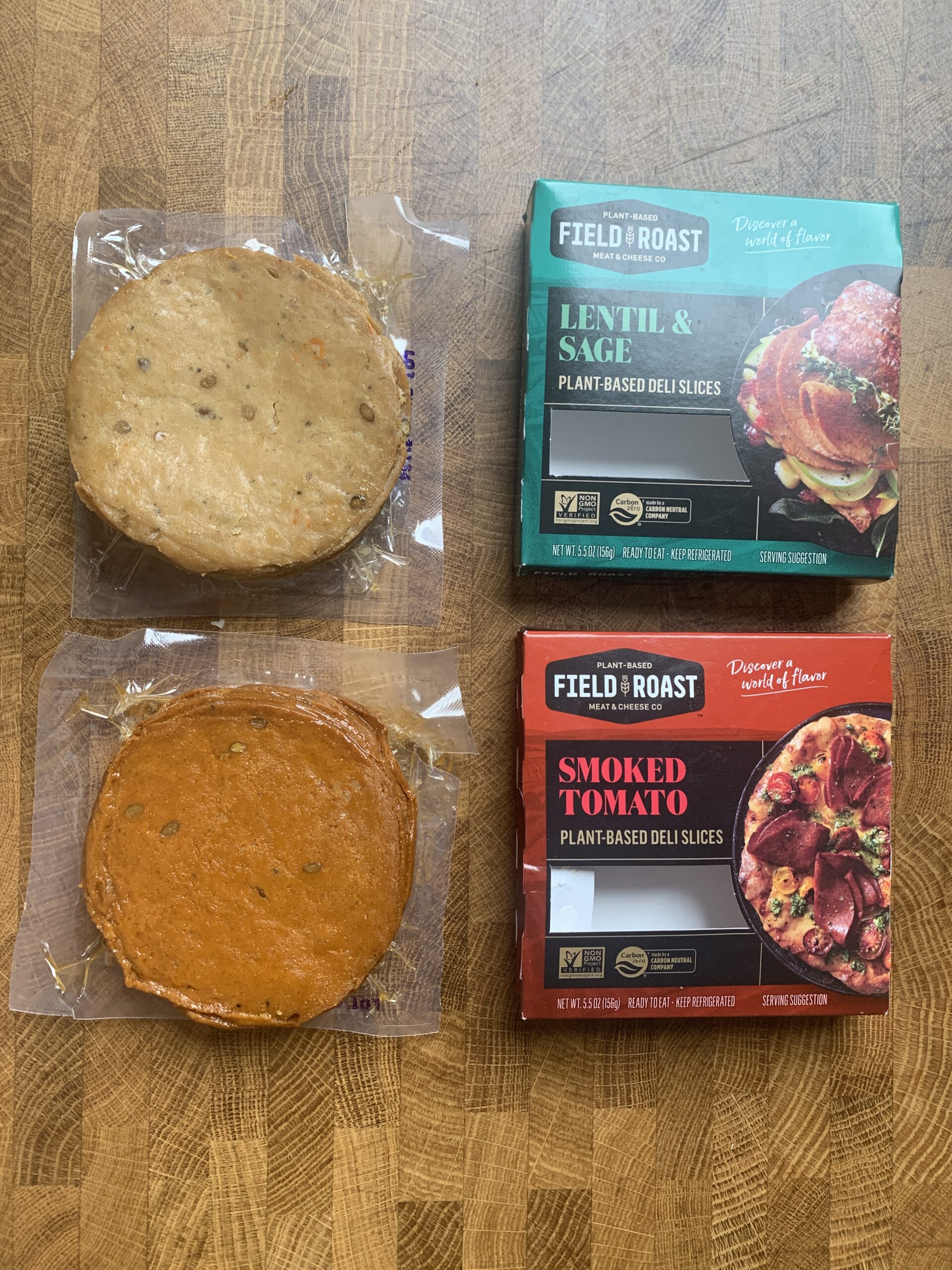 Field Roast Plan-based deli slices lentil and sage and smoked tomato packages.