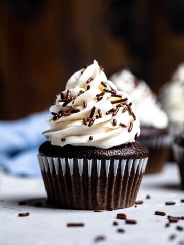 The best vegan chocolate cupcake with vegan vanilla frosting and chocolate sprinkles.