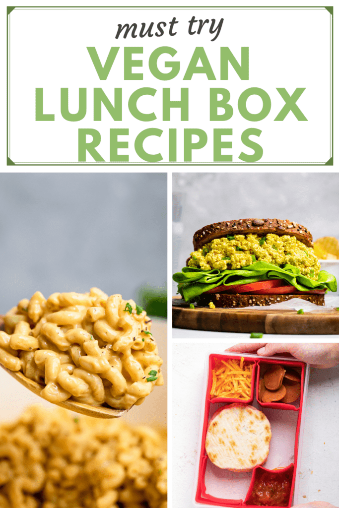 The words Must try vegan lunchbox recipes atop three photo collage of lunch recipes.