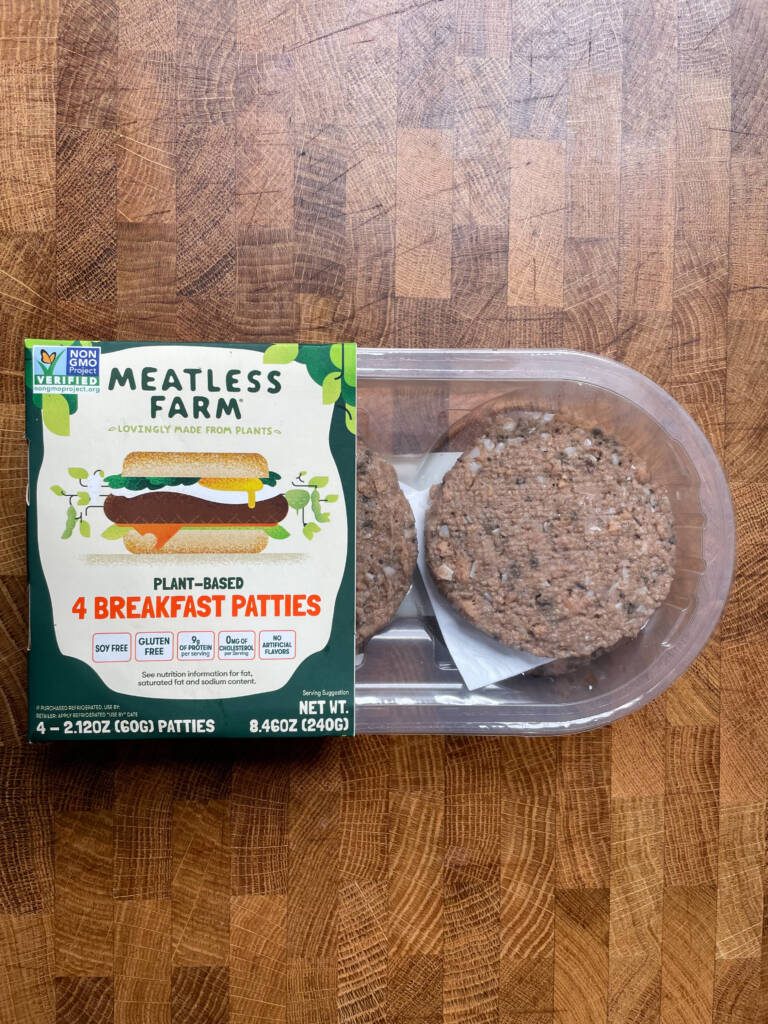 Meatless Farm plant-based breakfast patties package.