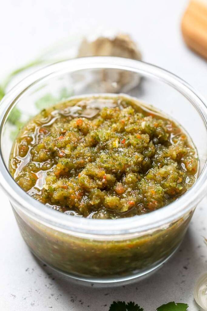 A small bowl of Puerto Rican Sofrito condiment sauce. 