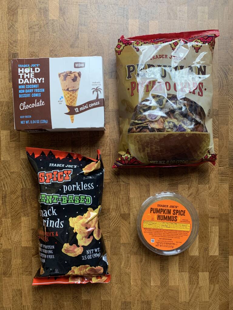 A table of new vegan snack food at Trader Joes Fall 2021.