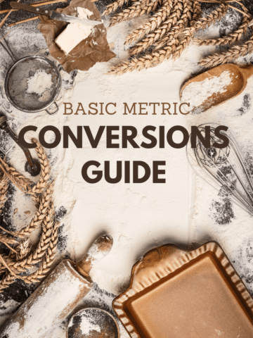An assortment of baking items with the words Basic Metric conversions guide overlayed.