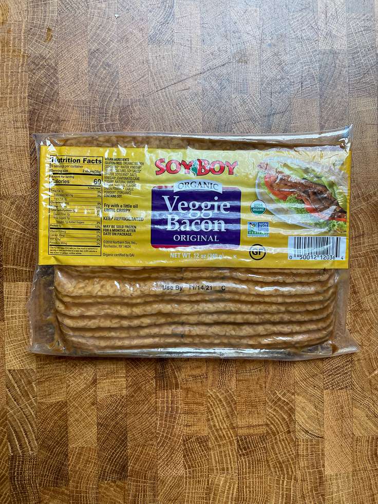 Soy Boy organic veggie bacon original package.