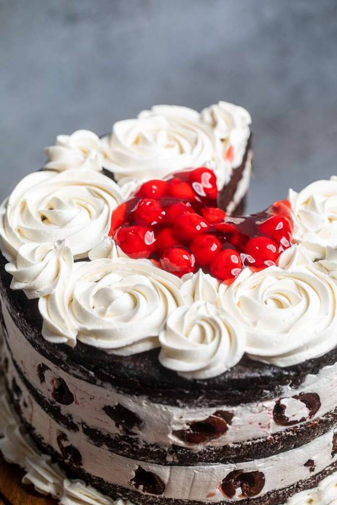 The top of vegan black forest cake. 