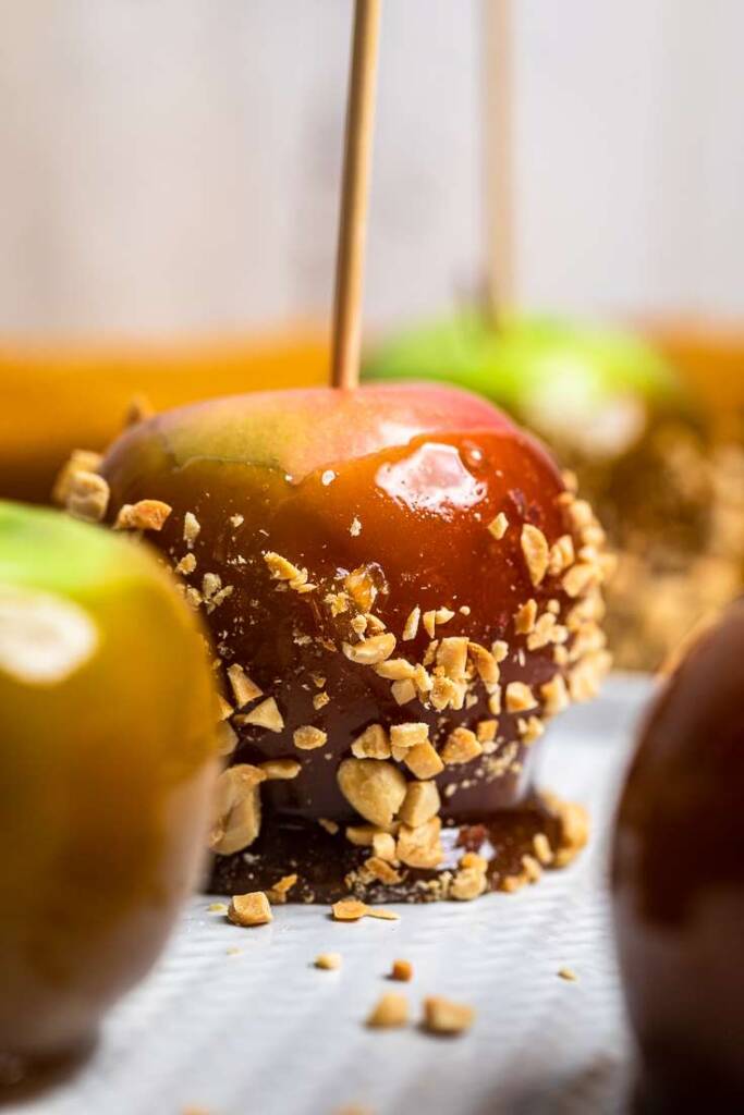 A red vegan caramel apple with chopped peanuts on the outside. 