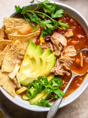A bowl vegan "chicken" tortilla soup with tortilla chips on the side.