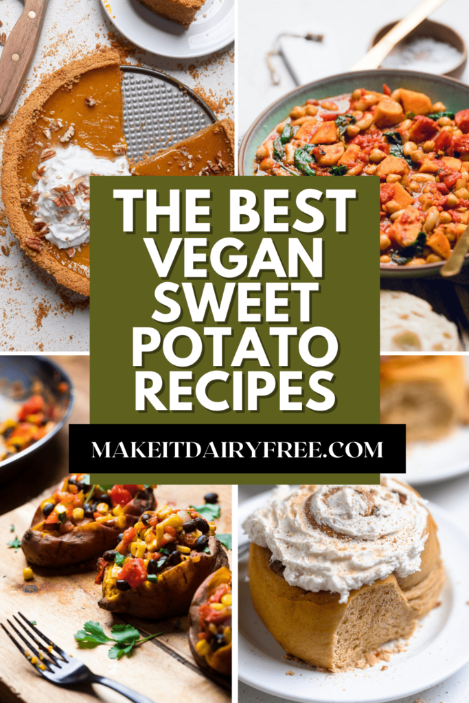 The words the best vegan sweet potato recipes overlayed on four sweet potato recipe photos.