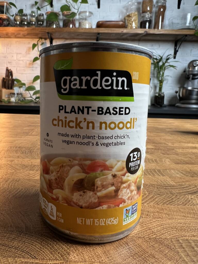 Gardein plant-based chick\'n noodl\' soup can. 