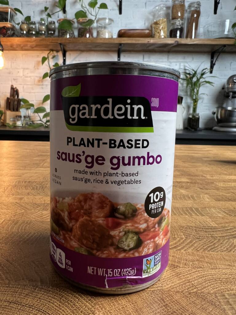 A can of Gardein plant based saus\'ge gumbo.