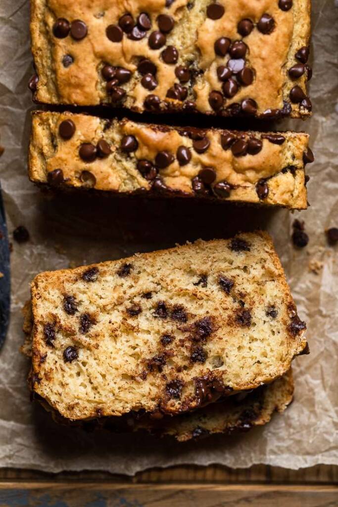 slices of vegan chocolate chip quick bread with a soft crumbly inside texture.