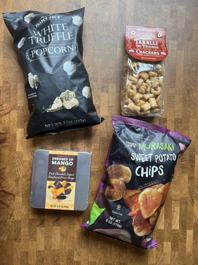 An assortment of vegan Trader Joe\'s snacks.