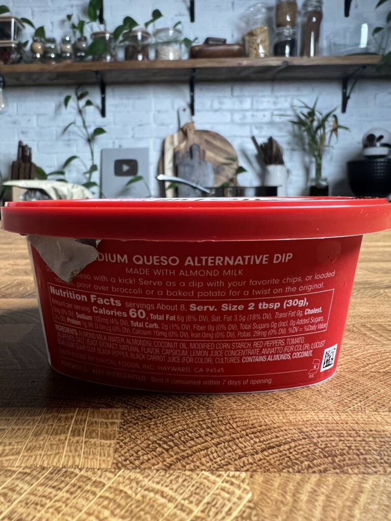 Kitehill dairy free queso nutritional and ingredient label. 