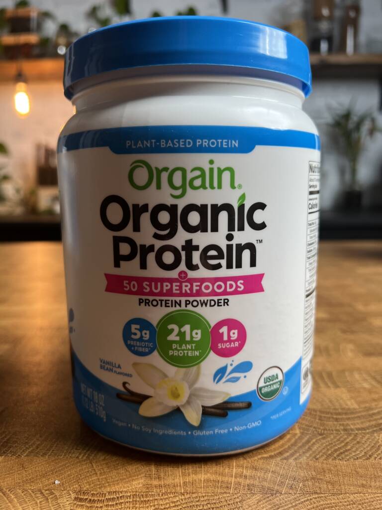 Orgain plant based vanilla protein powder package. 