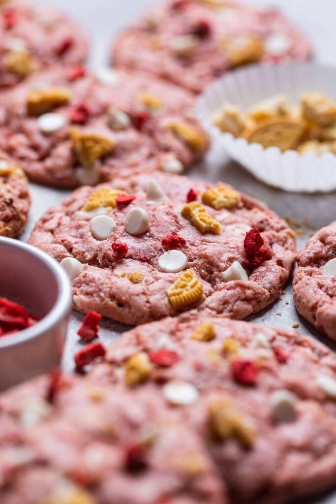 the top texture of vegan strawberry shortcake cookies. 