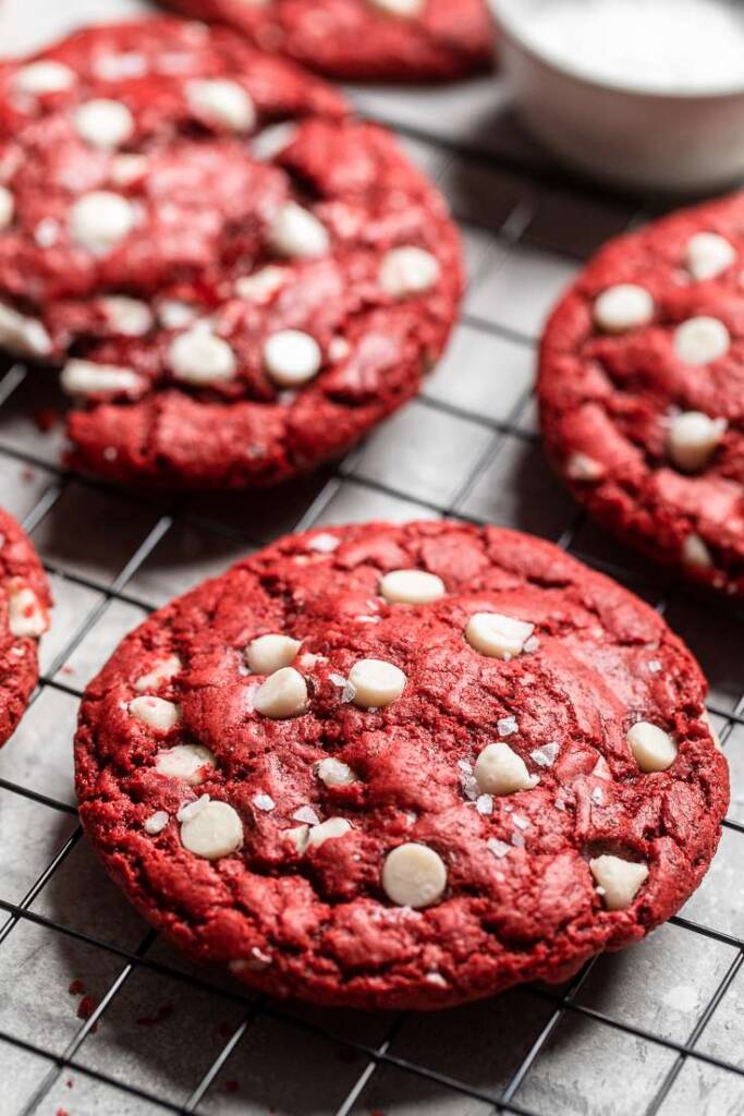 A close up of vegan red velvet cookies. 