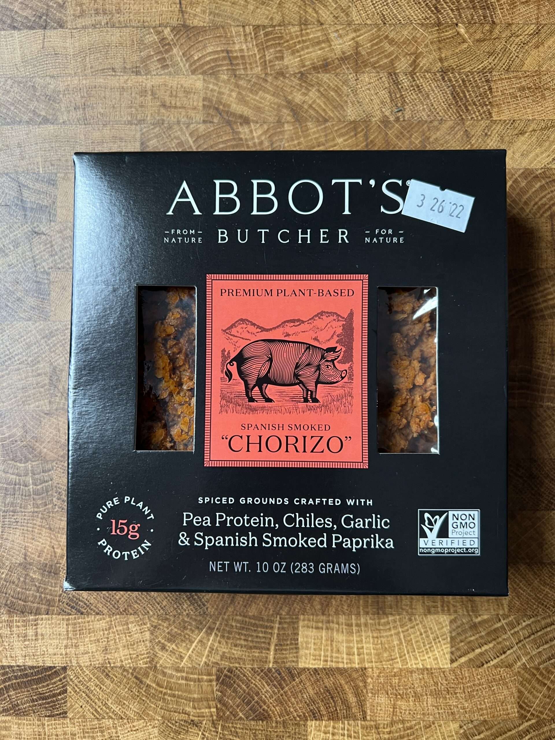 A box of Abbot\'s butcher premium plant-based meat Spanish smoked chorizo.